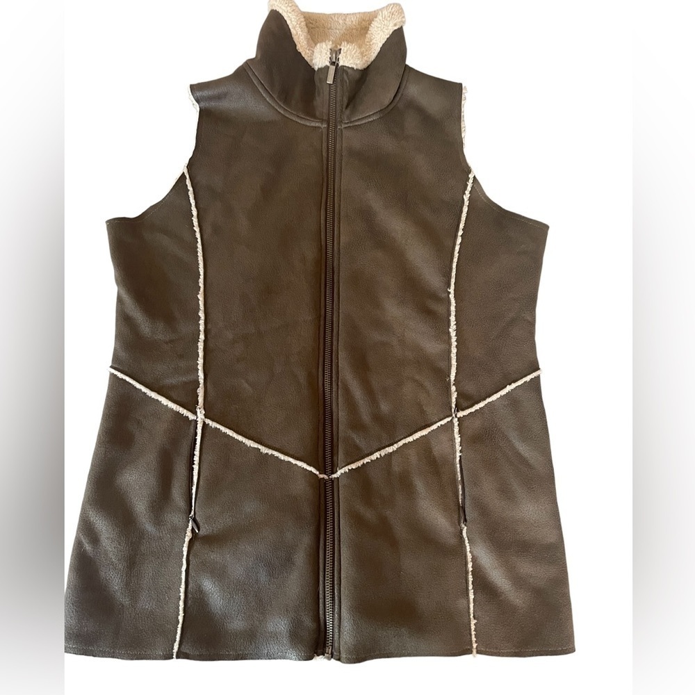 WOOLY Bully Sherpa Lined Faux Suede Vest Olive Green Medium - Picture 5 of 10